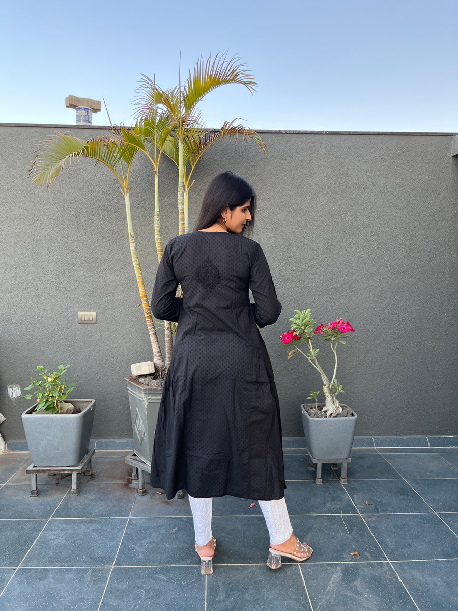 Black Cotton Dobby A-Line Chikankari Kurta | Lucknowi – photo 7