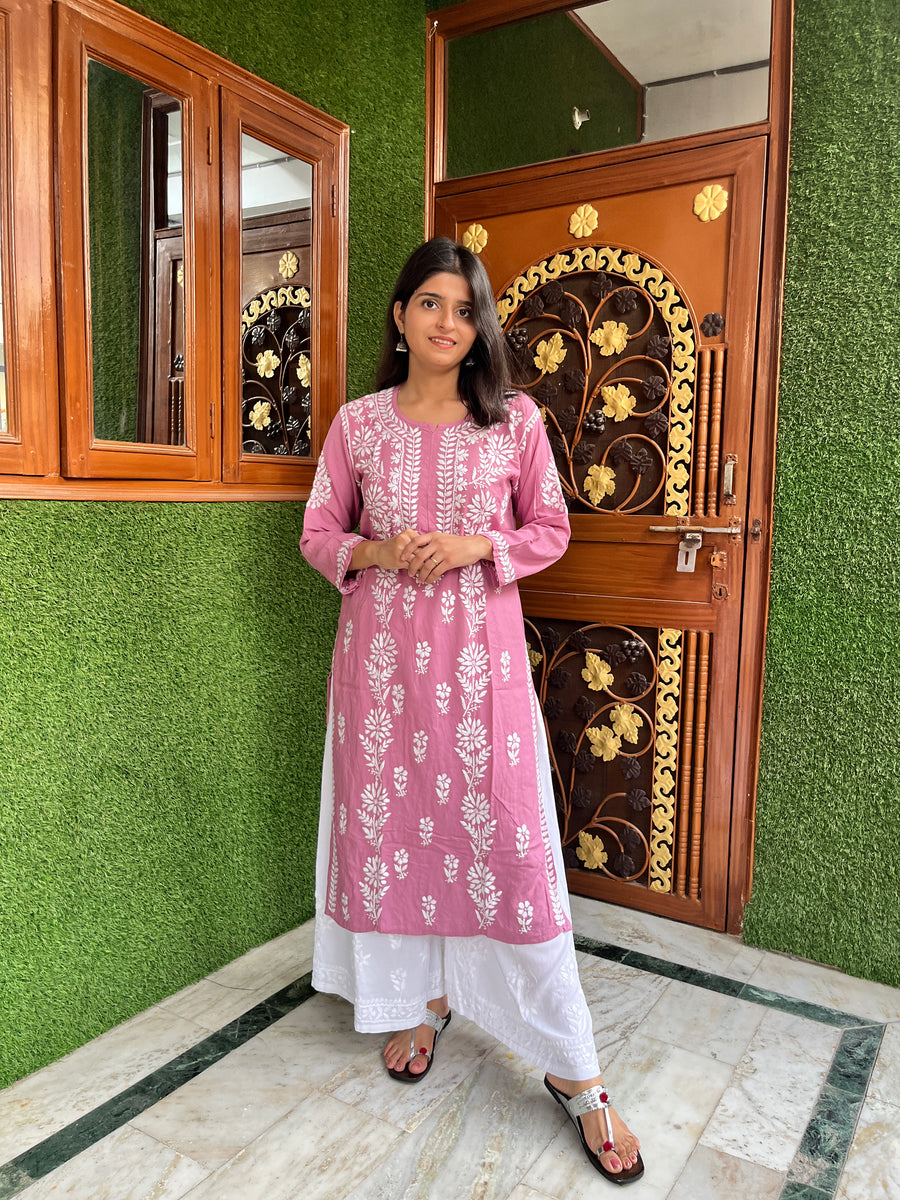 Pink Rayon Chikankari Straight Kurta | Lucknowi – photo 5
