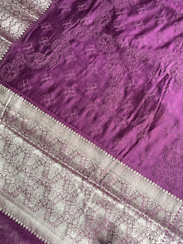 Wine Chanderi Chikankari Saree for Women