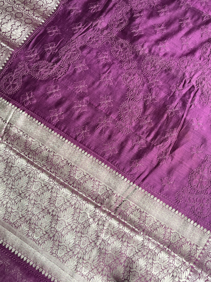 Wine Chanderi Chikankari Saree for Women