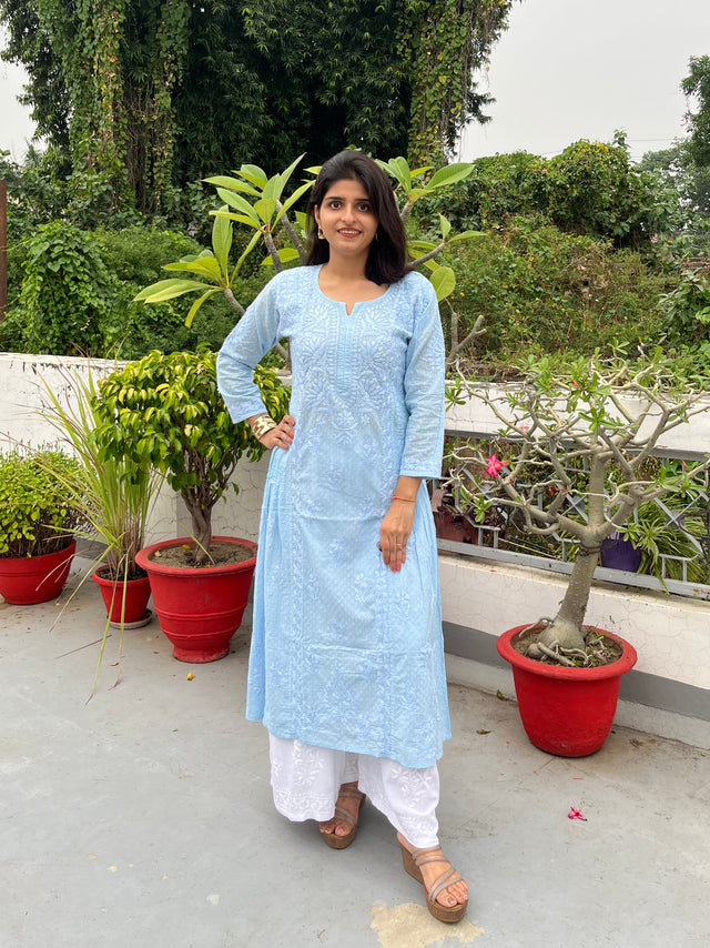 Pastel Blue Cotton Dobby Chikankari Kurta for Women