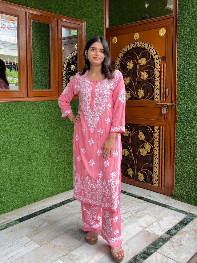 Onion Pink Modal Chikankari Kurta Palazzo Set | Lucknowi – photo 6