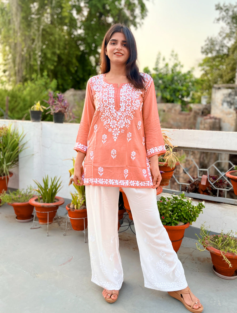 Teal Blue Modal Chikankari Straight Short Kurti | Lucknowi – photo 2