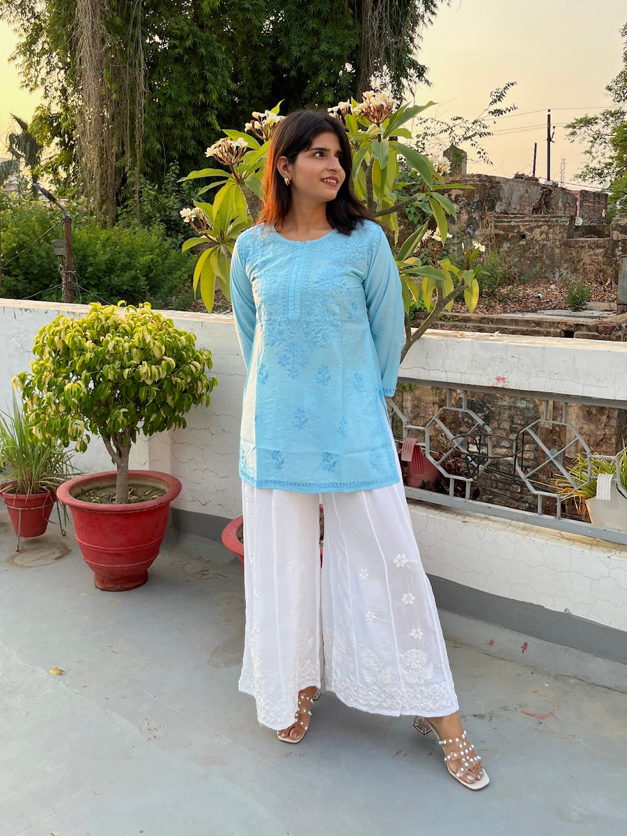 Pink Chanderi Chikankari Straight Short Kurti | Lucknowi – photo 2