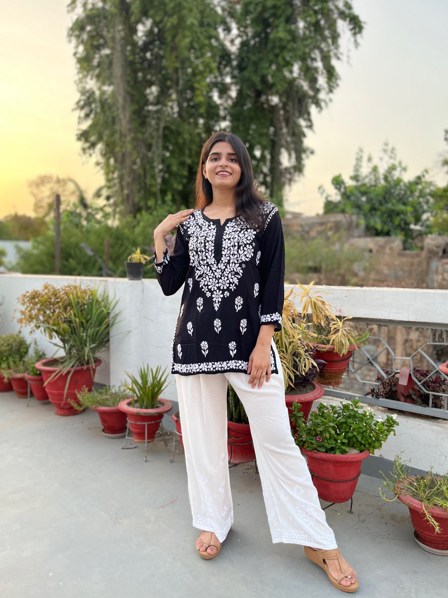 Black Modal Cotton Chikankari Short Kurti
