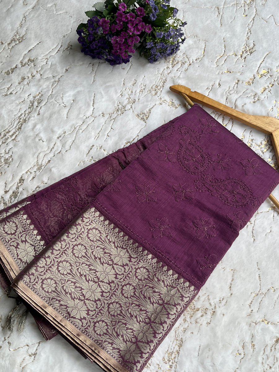 Wine Chanderi Chikankari Saree for Women – photo 2