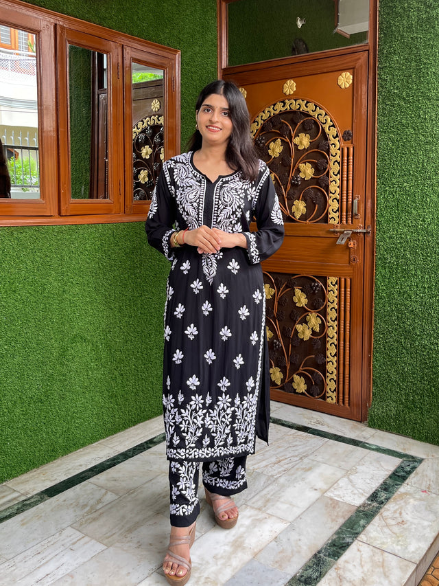 Black Modal Chikankari Kurta Palazzo Set | Lucknowi – photo 10