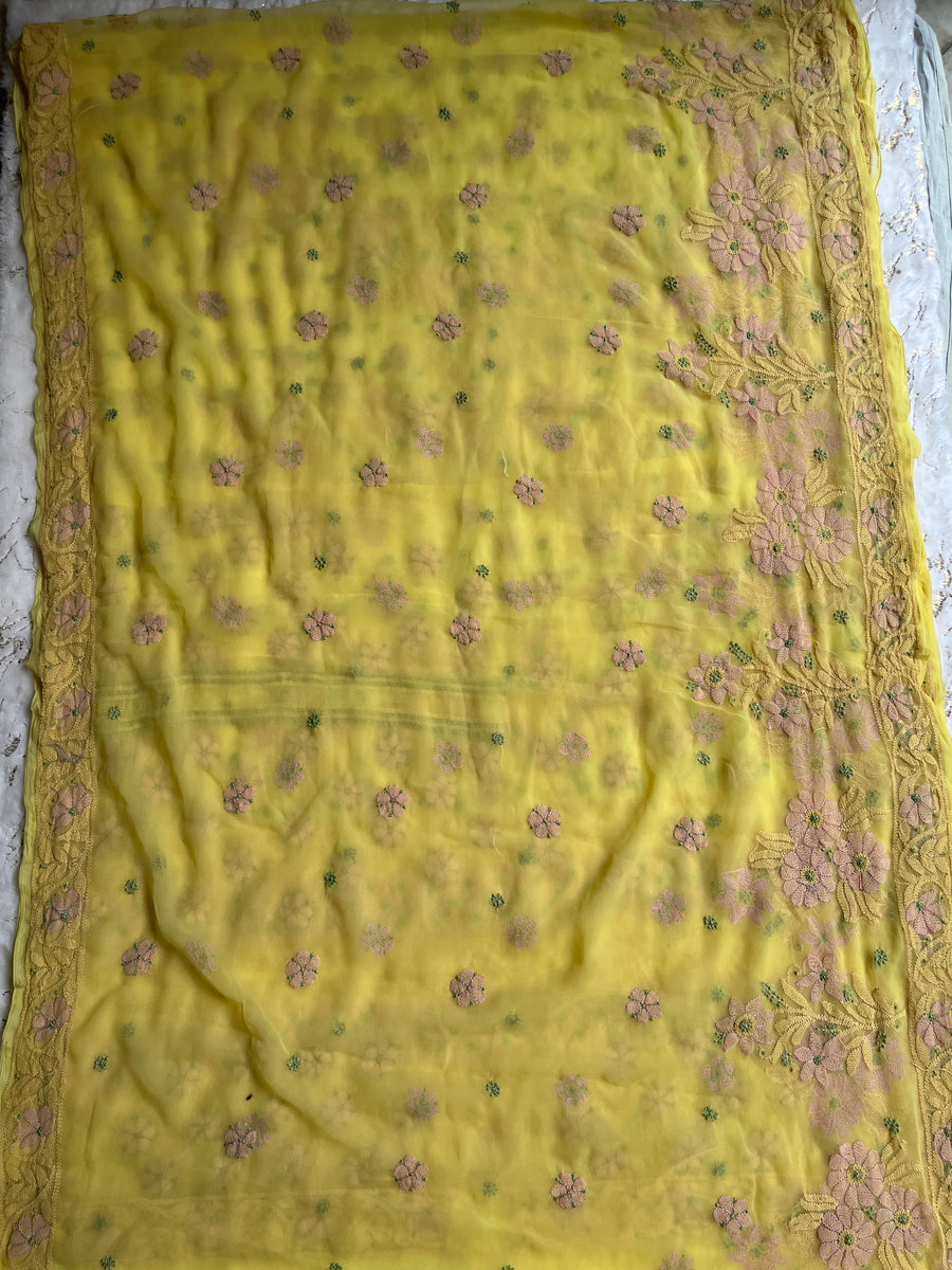 Yellow Pure Chiffon Chikankari Saree – photo 4