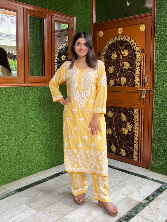 Onion Pink Modal Chikankari Kurta Palazzo Set | Lucknowi – photo 2