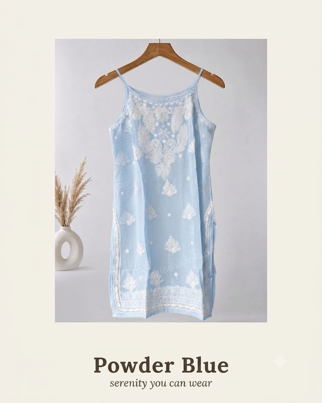 Powder Blue Noodle Strap Viscose Chikankari Short Kurti | Lucknowi