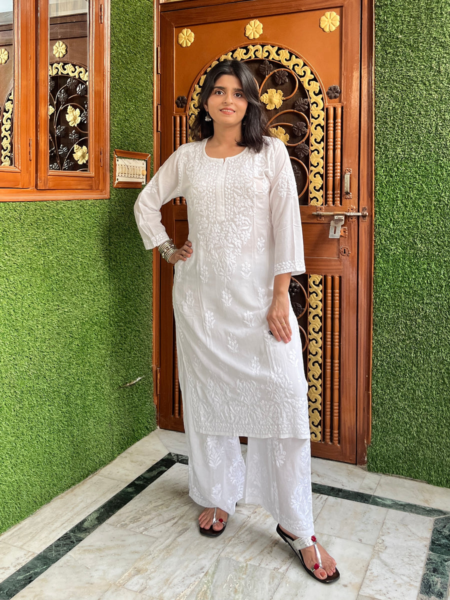 White Modal Chikankari Kurta Palazzo Set | Lucknowi – photo 8