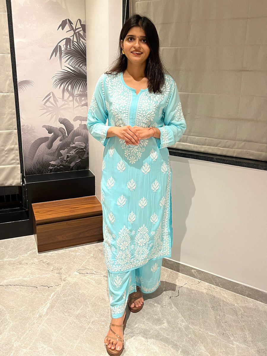 Onion Pink Modal Chikankari Kurta Palazzo Set for Women – photo 4
