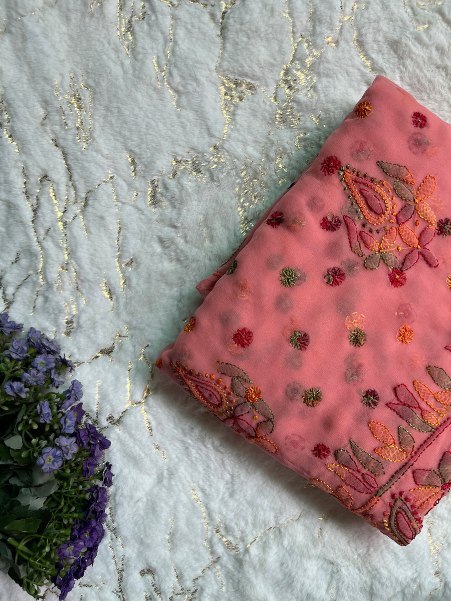 Pink Chikankari Chiffon Saree | Multi-Colour Resham Embroidery – photo 5