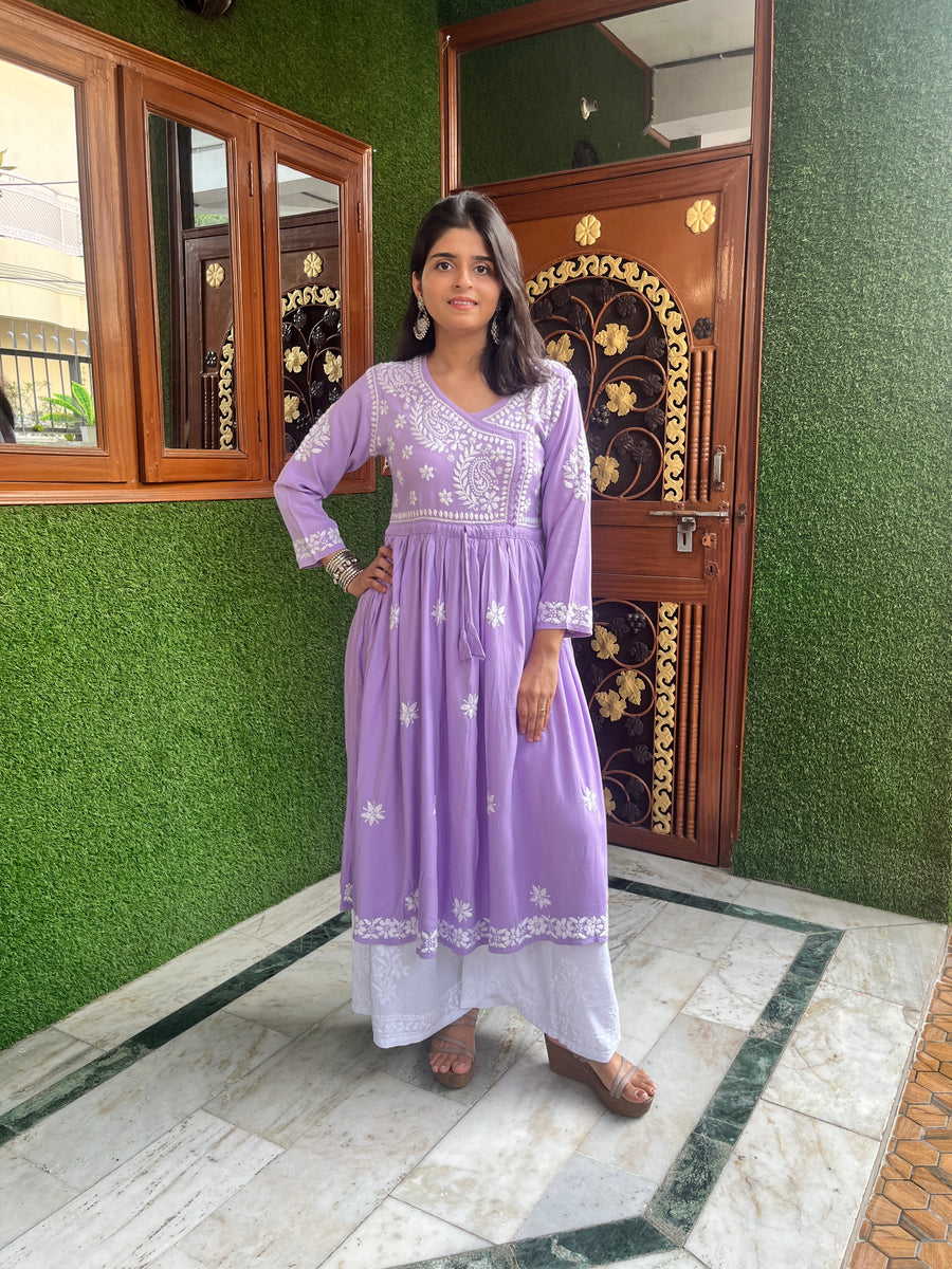Lavender Rayon Chikankari Angarkha Kurti | Lucknowi