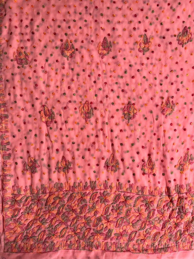 Pink Chikankari Chiffon Saree | Multi-Colour Resham Embroidery