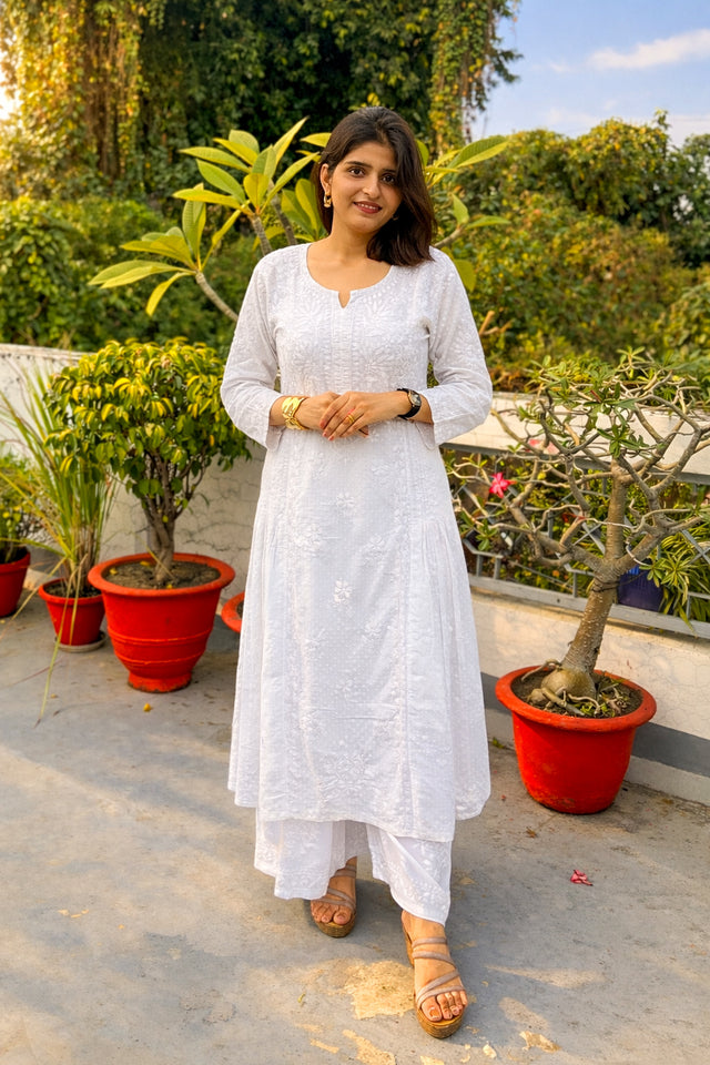 White Cotton Dobby A-Line Chikankari Kurta | Lucknowi