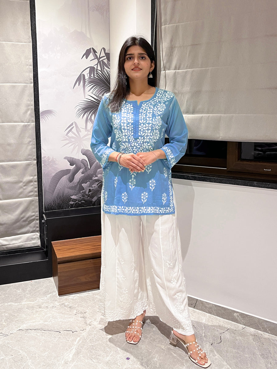 Teal Blue Modal Chikankari Straight Short Kurti | Lucknowi – photo 7