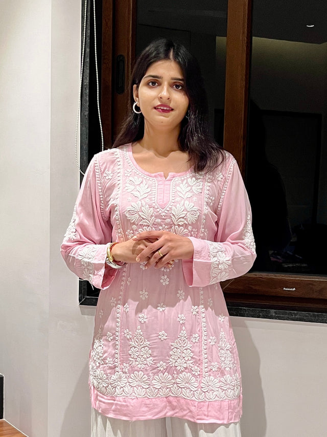 Pink Modal Cotton Chikankari Short Kurti | Lucknowi