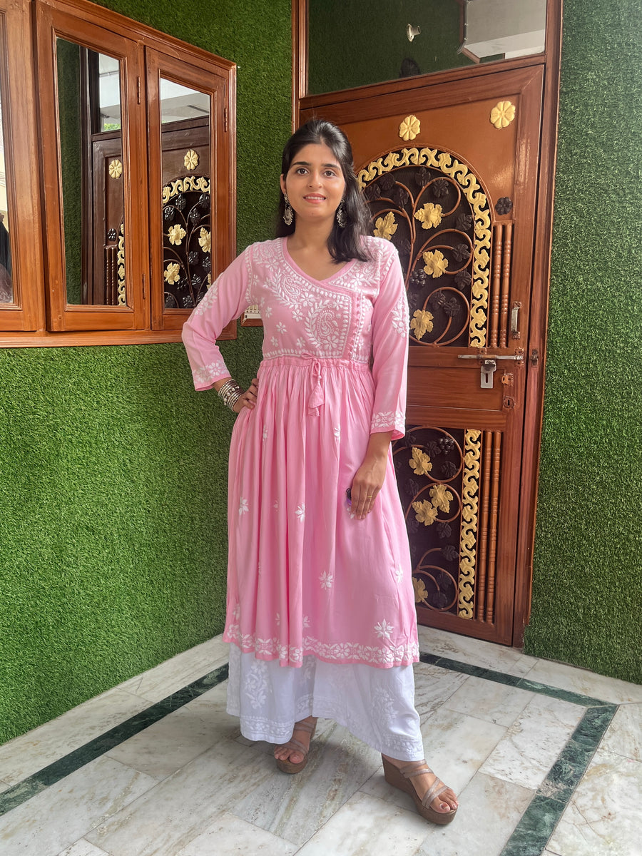 Baby Pink Rayon Chikankari Angarkha Kurti | Lucknowi