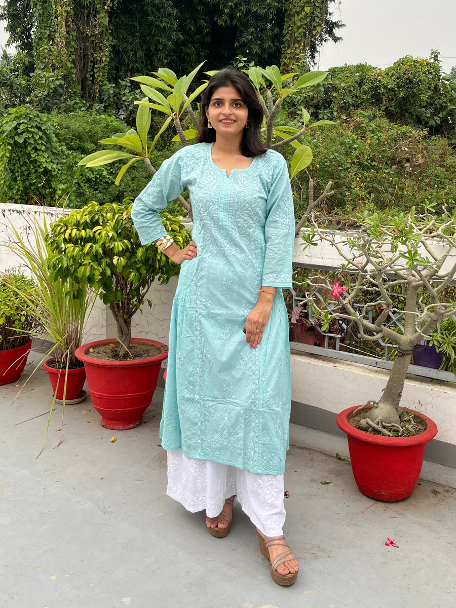 White Cotton Dobby A-Line Chikankari Kurta | Lucknowi – photo 5