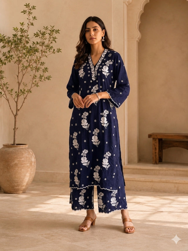 Navy Blue Modal Chikankari V-Neck Kurta Palazzo Set