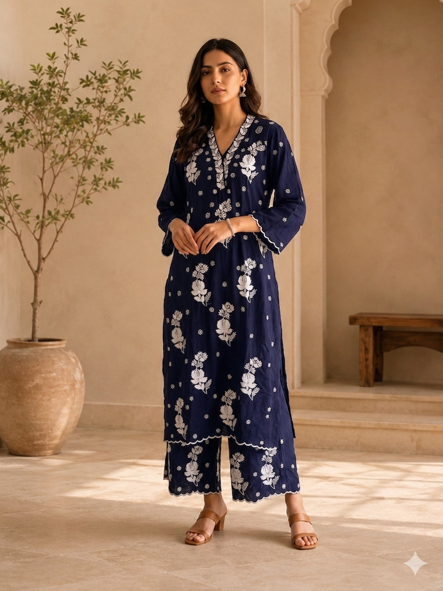 Navy Blue Modal Chikankari V-Neck Kurta Palazzo Set