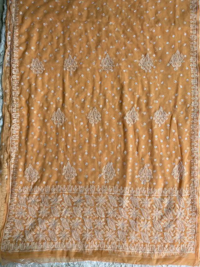 Light Orange Chiffon Chikankari Saree | Lucknowi