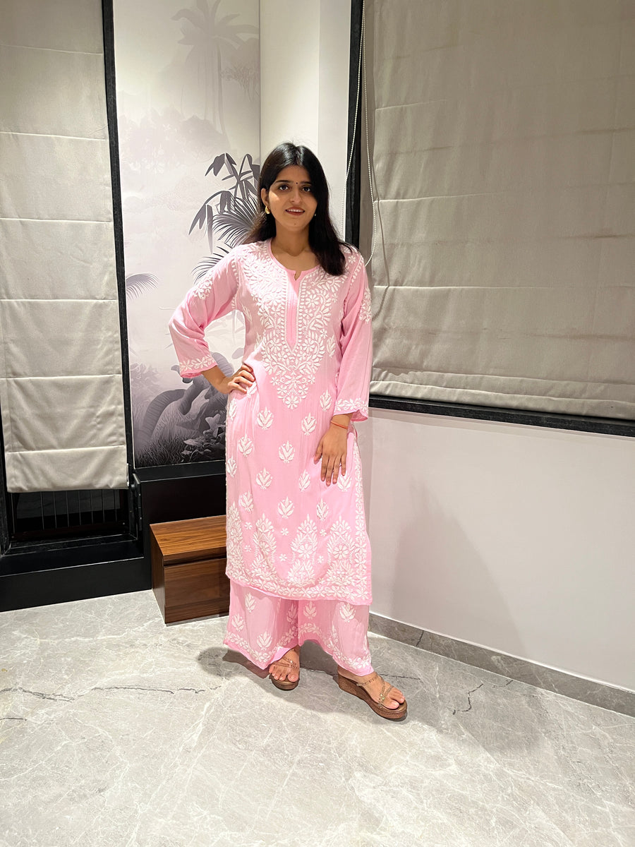 Peach Modal Chikankari Kurta Palazzo Set for Women – photo 10