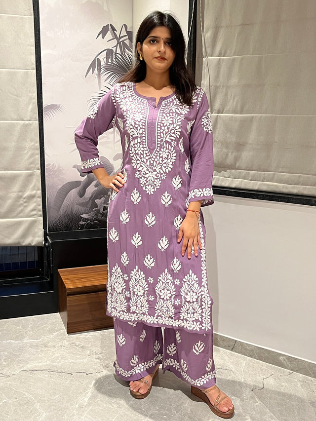 Mauve Modal Chikankari Kurta Palazzo Set for Women