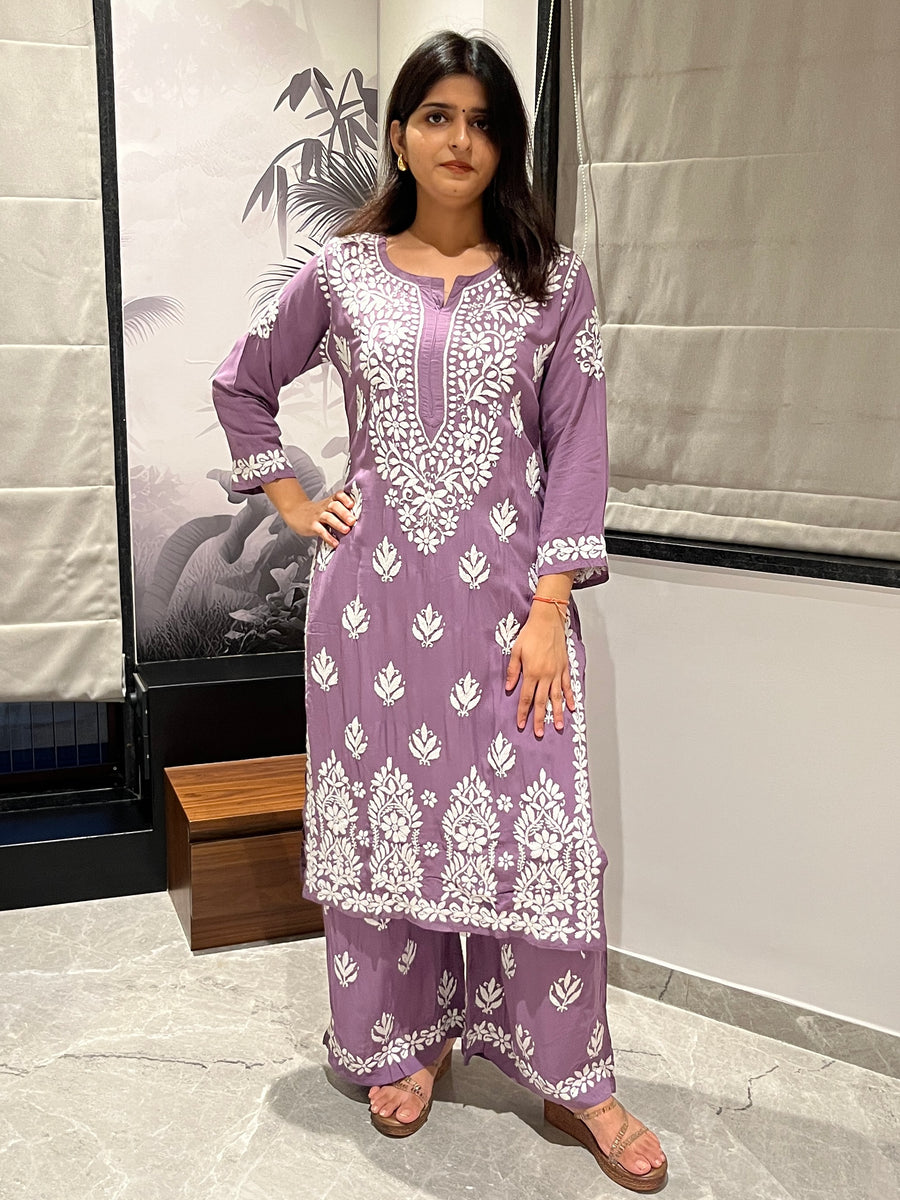 Mauve Modal Chikankari Kurta Palazzo Set for Women