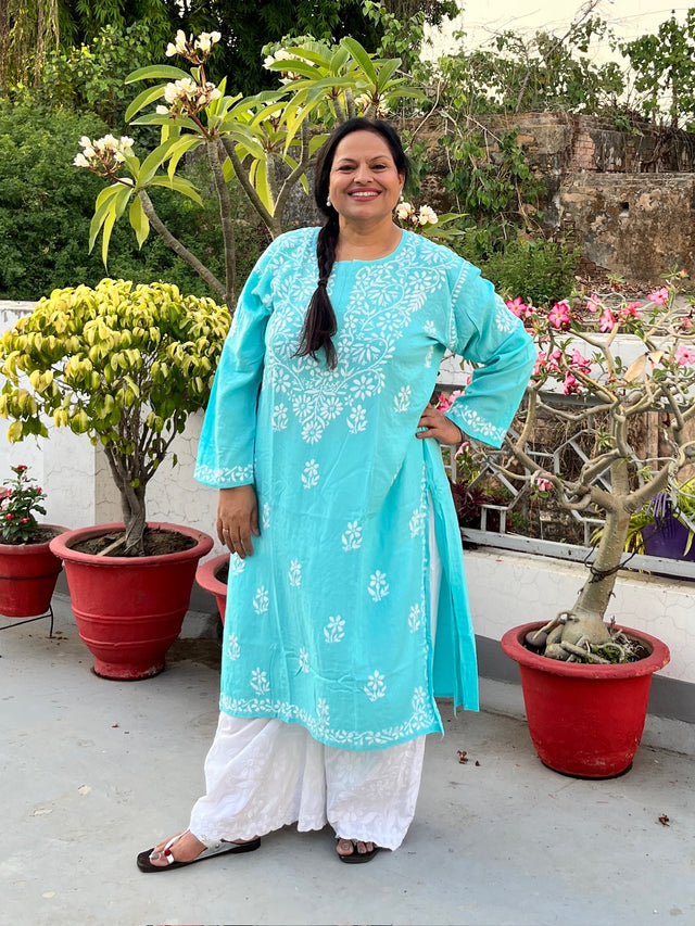 Blue Rayon Chikankari Kurta Plus Size 4XL-7XL | Lucknowi