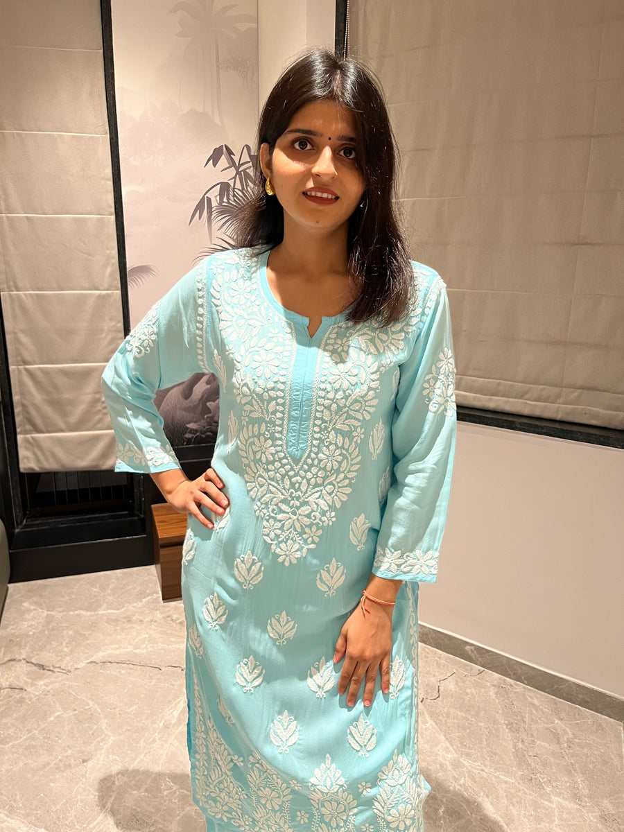 Maroon Modal Chikankari Kurta Palazzo Set | Lucknowi – photo 12
