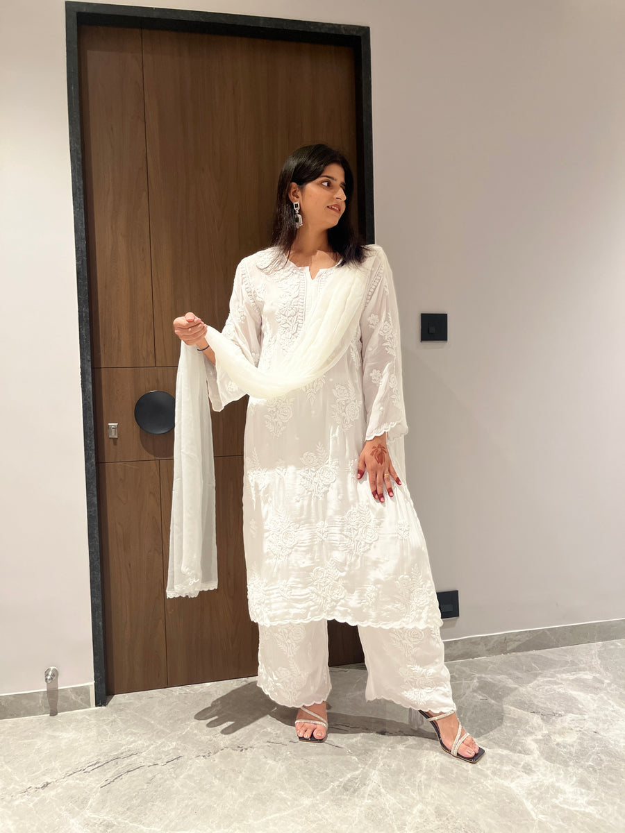 Expresso Brown Crepe Chikankari Kurta Palazzo Dupatta Set | Lucknowi – photo 9