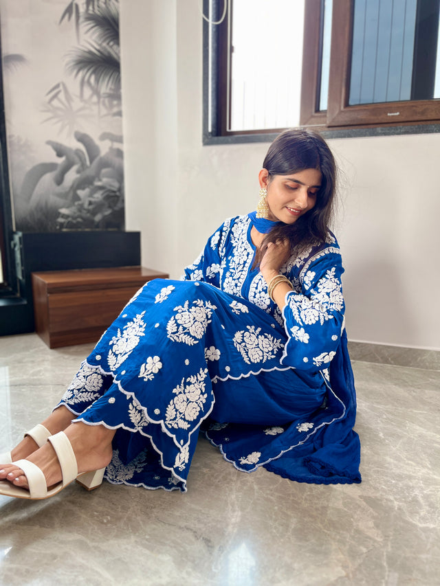 Midnight Blue Crepe Chikankari Kurta Palazzo Dupatta Set | Lucknowi