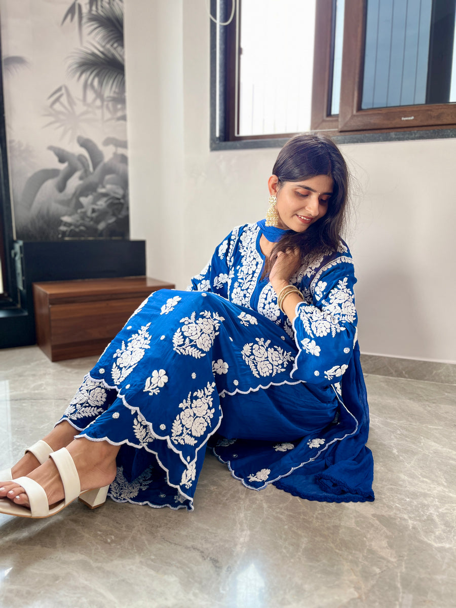 Midnight Blue Crepe Chikankari Kurta Palazzo Dupatta Set | Lucknowi