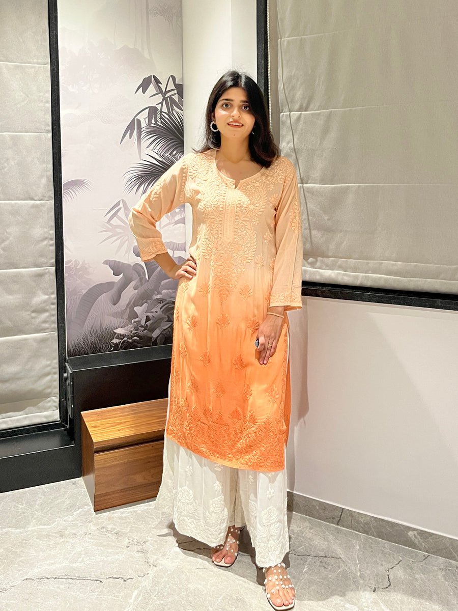 Lemon Yellow Ombre Modal Chikankari Kurta | Lucknowi – photo 13