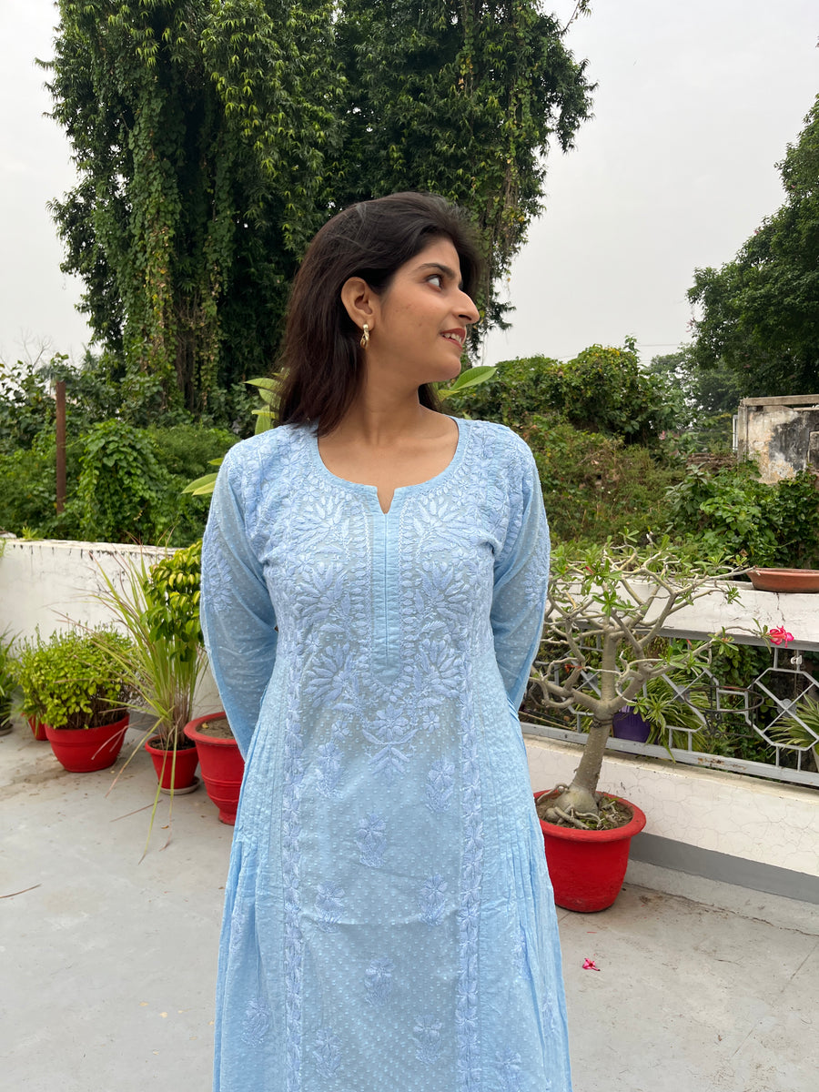 White Cotton Dobby A-Line Chikankari Kurta | Lucknowi – photo 9