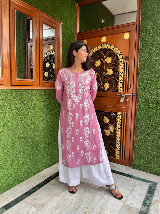 Onion Pink Rayon Chikankari Straight Kurta for women | Lucknowi
