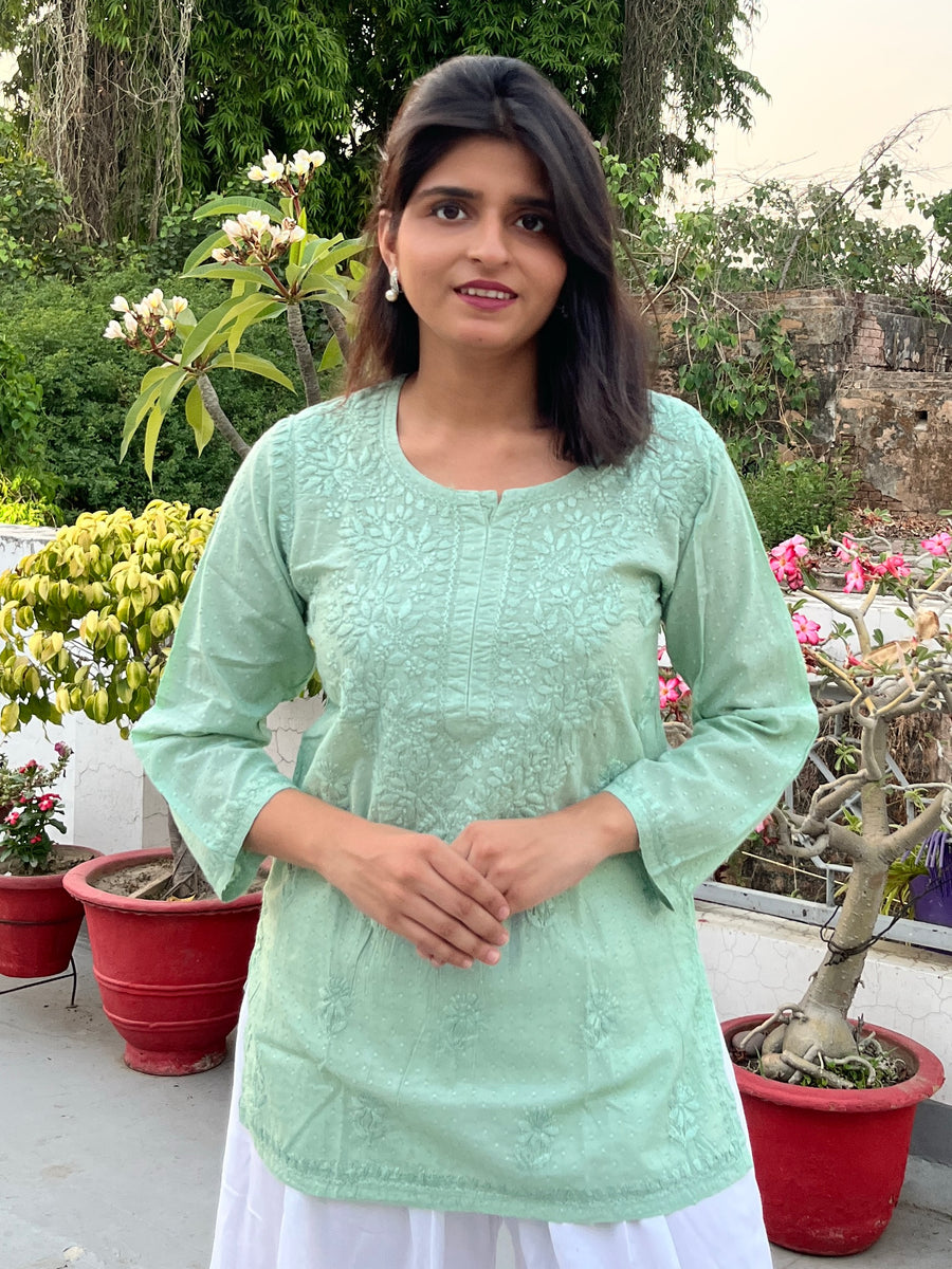 Pink Cotton Dobby Chikankari Short Kurti | Lucknowi – photo 7