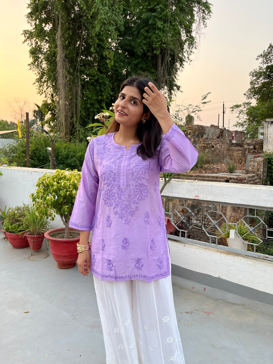 Pink Chanderi Chikankari Straight Short Kurti | Lucknowi – photo 7