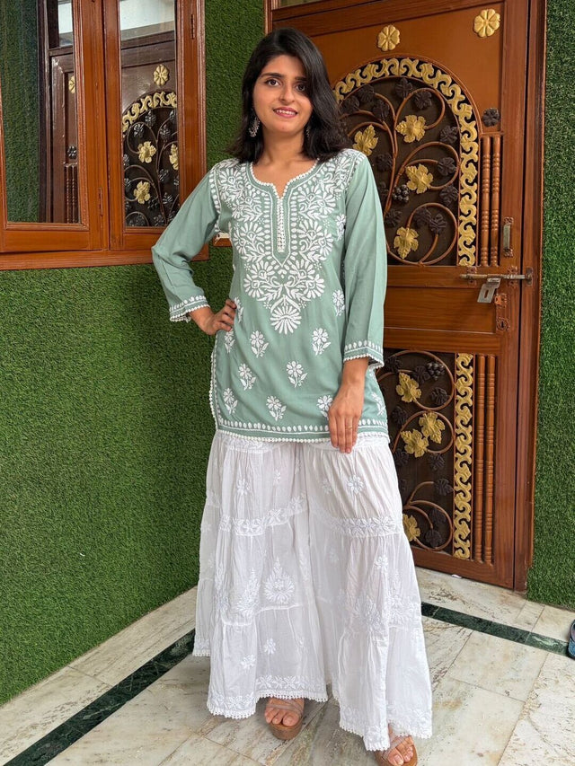 Women Green Modal Chikankari Short Kurta