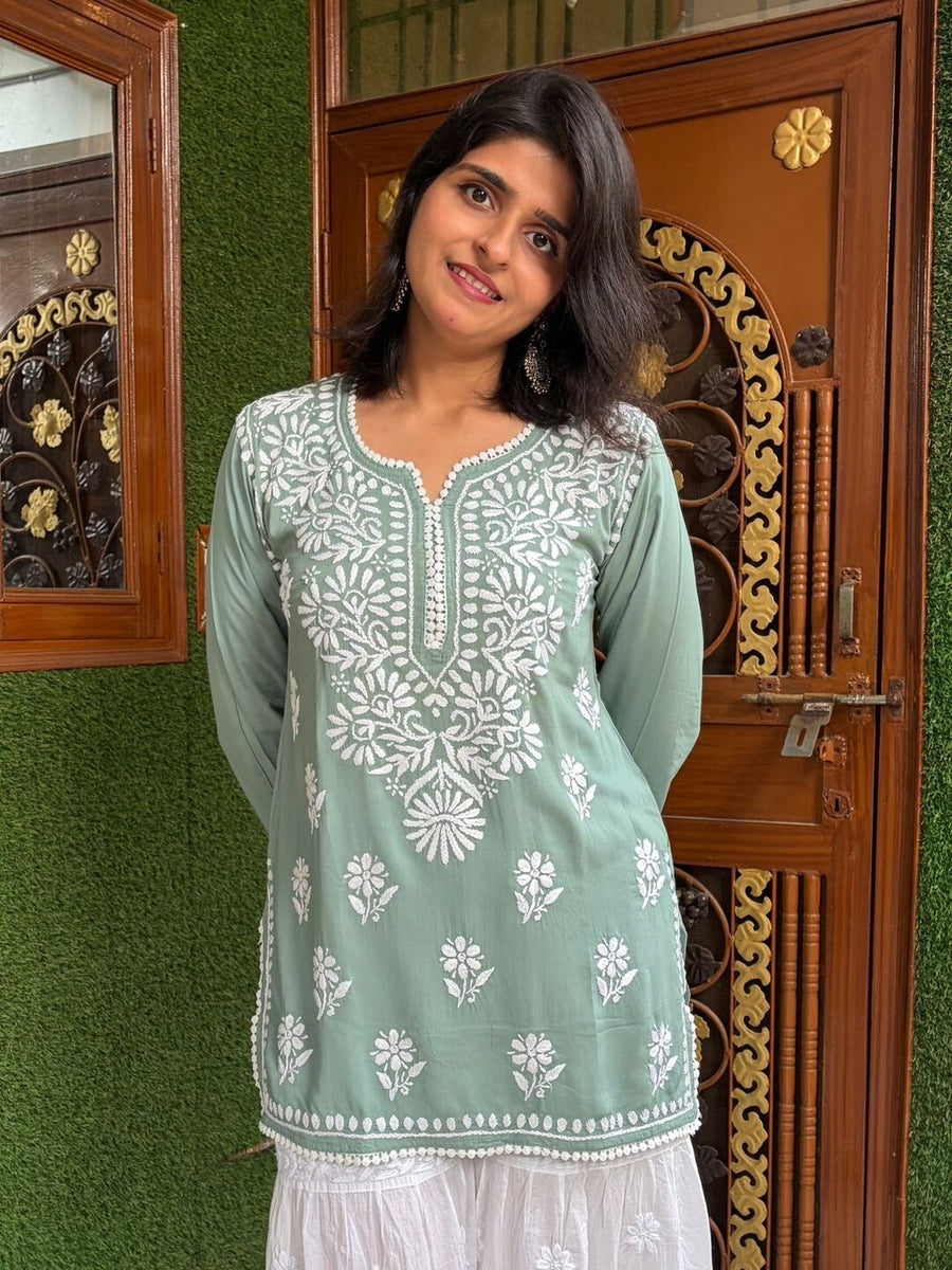 Women Yellow Modal Chikankari Embroidered Short Kurta