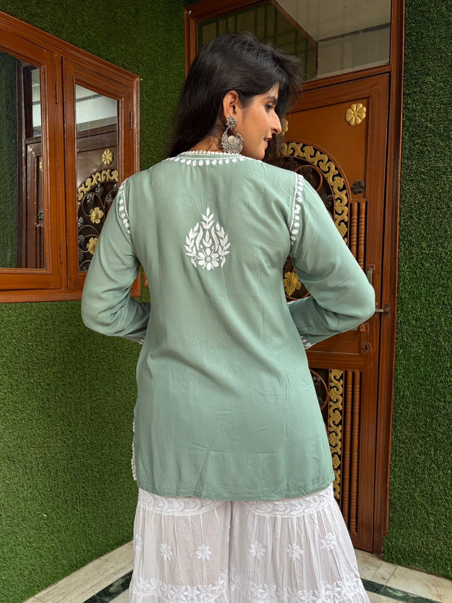 Women Yellow Modal Chikankari Embroidered Short Kurta