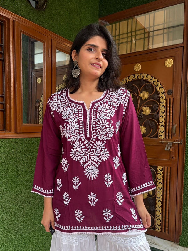 Women Maroon Modal Chikankari Short Kurta