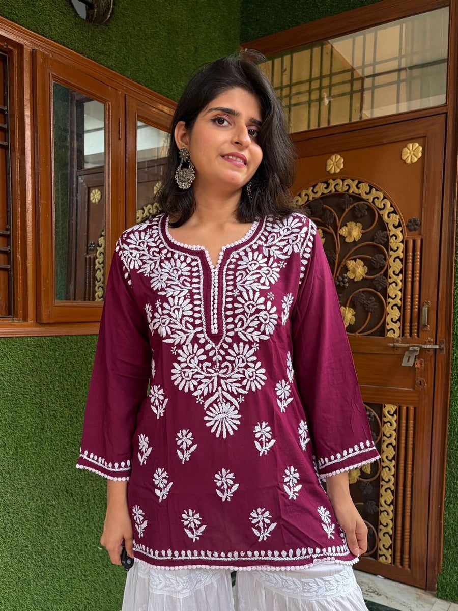 Women Yellow Modal Chikankari Embroidered Short Kurta