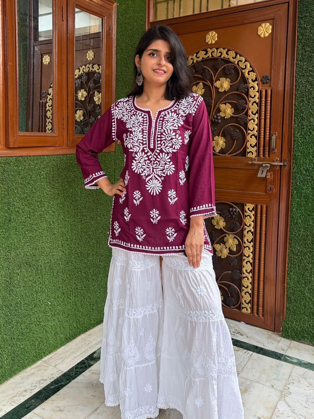 Women Maroon Modal Chikankari Short Kurta