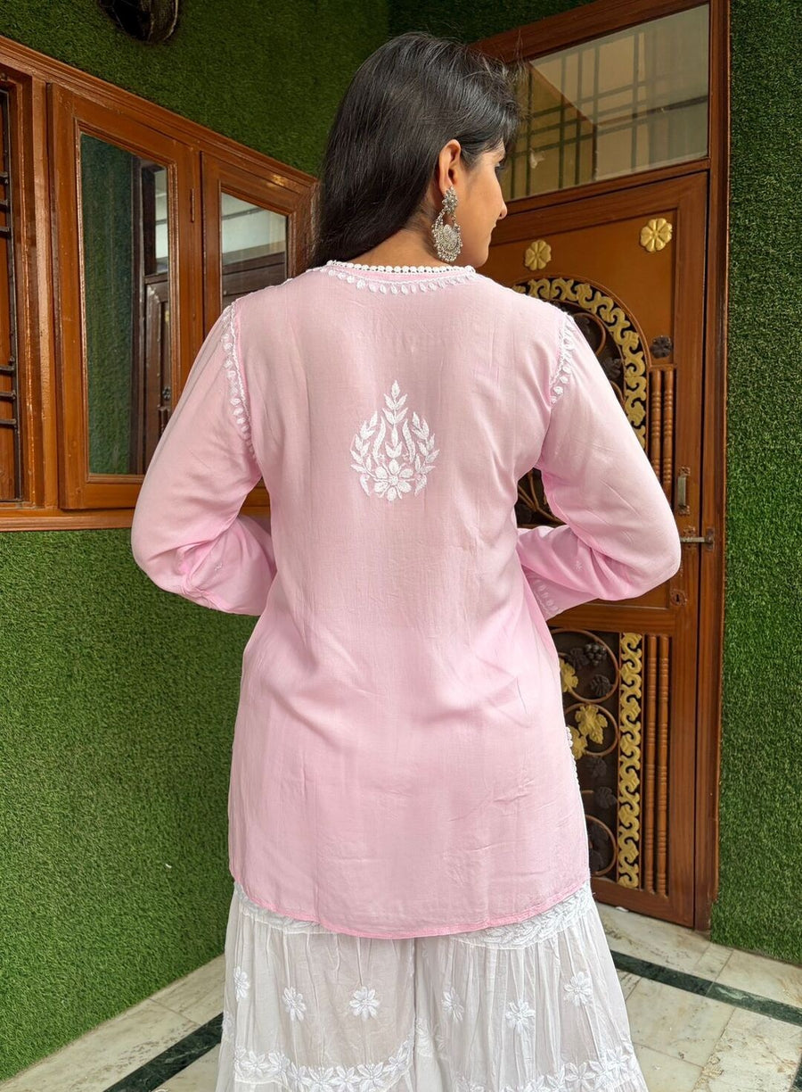 Women Yellow Modal Chikankari Embroidered Short Kurta