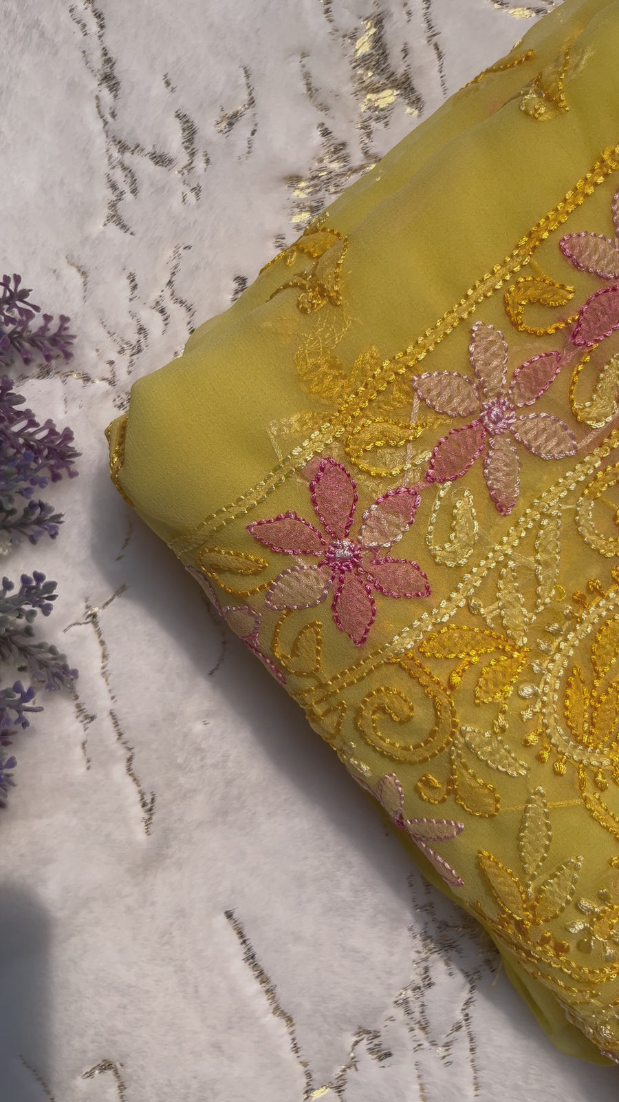 Yellow Resham Chiffon Chikankari Saree