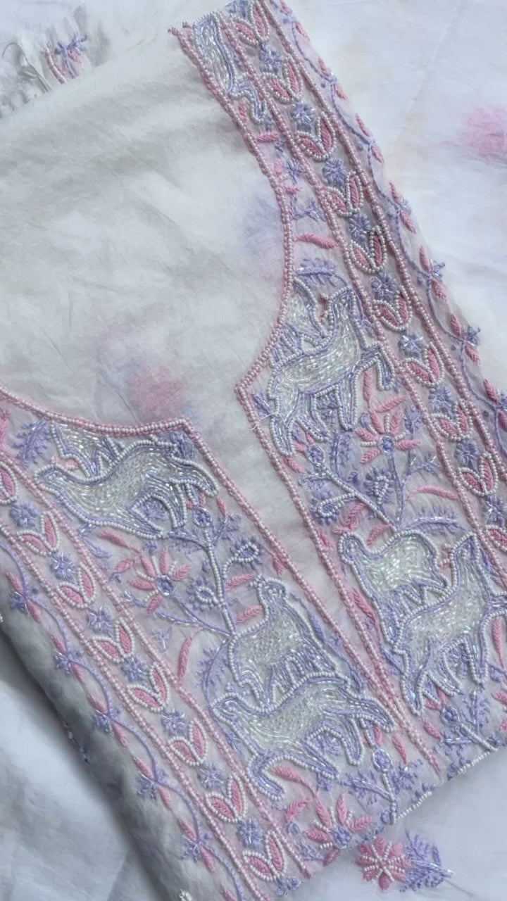 Ivory Mul Chanderi Chikankari Unstitched Kurta Dupatta | Lucknowi